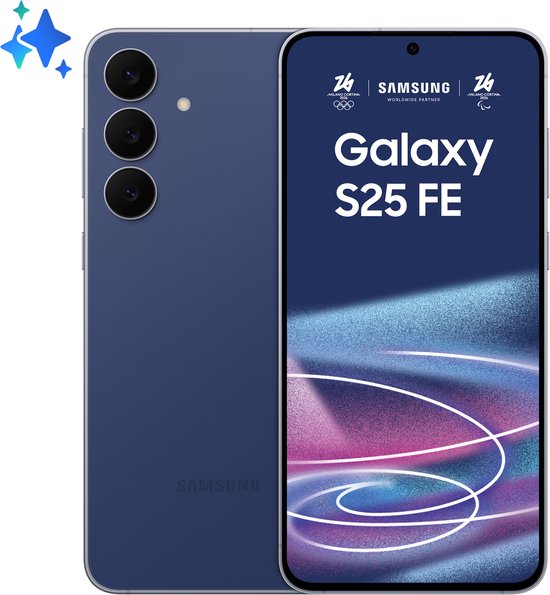 Samsung Galaxy S25 FE in marineblauw met 3 camera's achteraan. Het scherm toont 'Galaxy S25 FE' en de Parijs 2024 logo's.