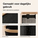 Close-up van de textuur van de zwarte wasmand met bamboe frame en waterafstotende coating. Een gaasachtige waszak toont luchtcirculatie.