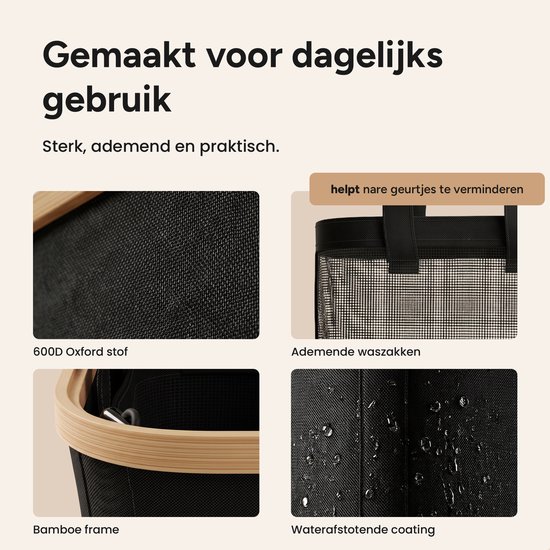 Close-up van de textuur van de zwarte wasmand met bamboe frame en waterafstotende coating. Een gaasachtige waszak toont luchtcirculatie.