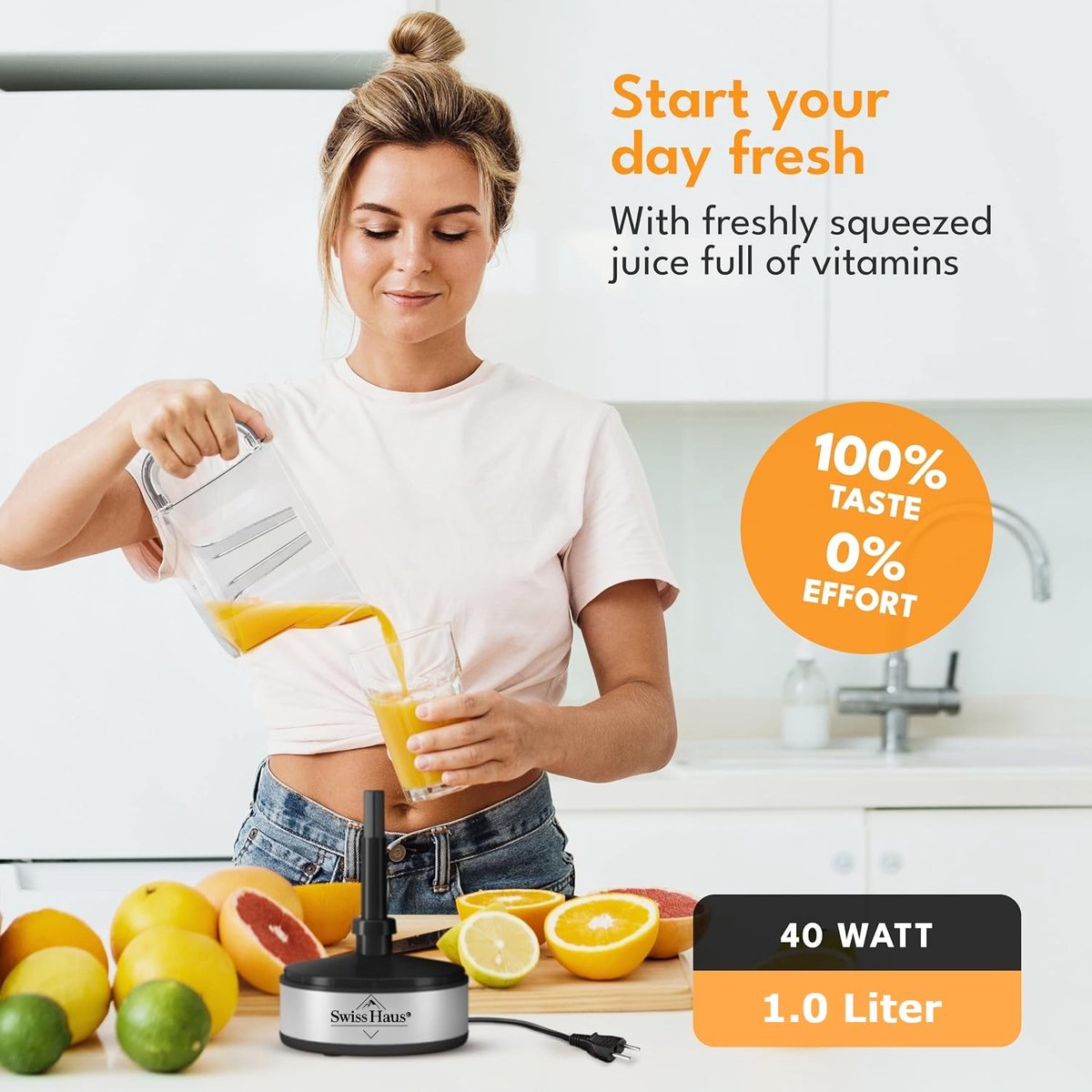 Swiss Haus® CJ2140 Citruspers Elektrisch - 40W – 1L Sapreservoir – Sinaasappelpers - 2 Draairichtingen – Fruitpers met Pulpfilter & 2 perskegels – Compact – Koper thumbnail 2