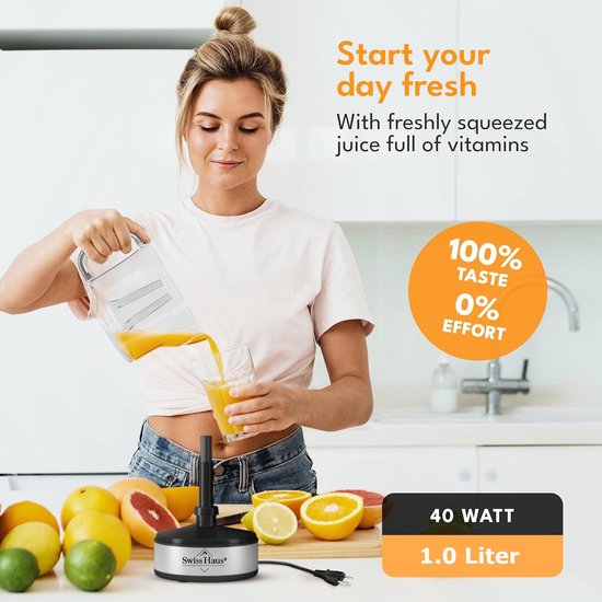 Swiss Haus® CJ2140 Citruspers Elektrisch - 40W - 1L Sapreservoir - Sinaasappelpers - 2 Draairichtingen - Fruitpers met Pulpfilter & 2 perskegels - Compact - Koper van Merkloos — afbeelding 2