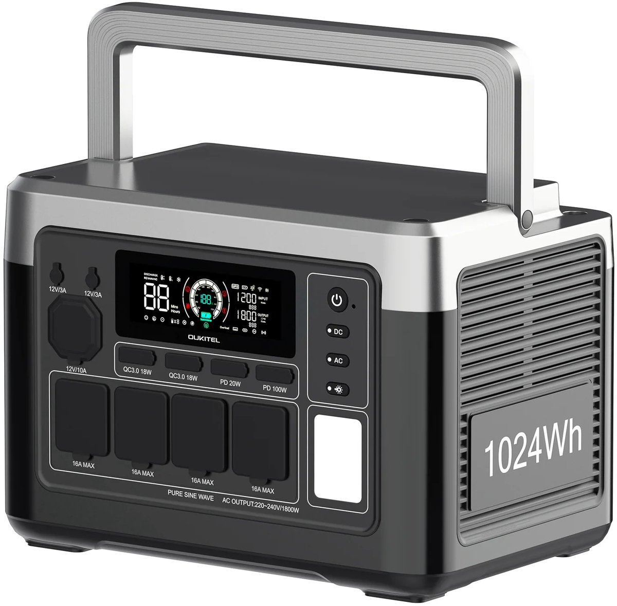 Oukitel P1000E PLUS Draagbare Powerstation – 1800W AC Uitgang – 1024Wh LiFePO4 Accu – Snellaadfunctie – UPS Functie – Thuis & Buiten Gebruik – 34,6 x 22,8 x 23,8 cm – Meerdere Poorten – Zwart
