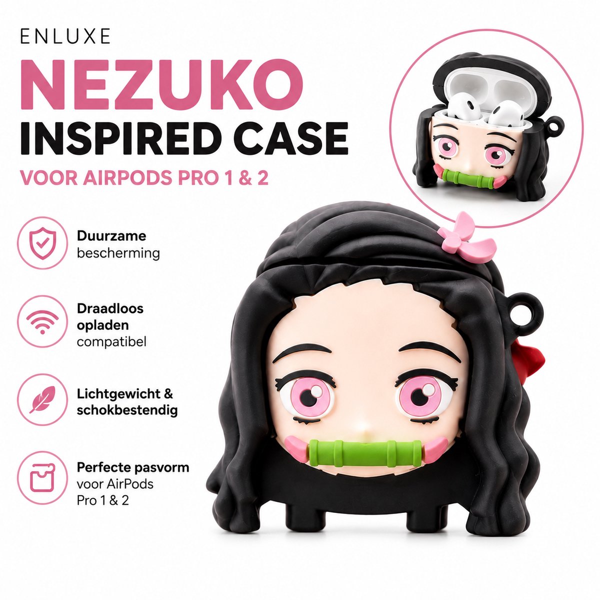 Enluxe Geschikt voor AirPods Nezuko Kamado Case - Geschikt voor AirPods Pro 1 & 2 - Anime-Inspiratie met Duurzame Bescherming en Draadloos Opladen Compatibel