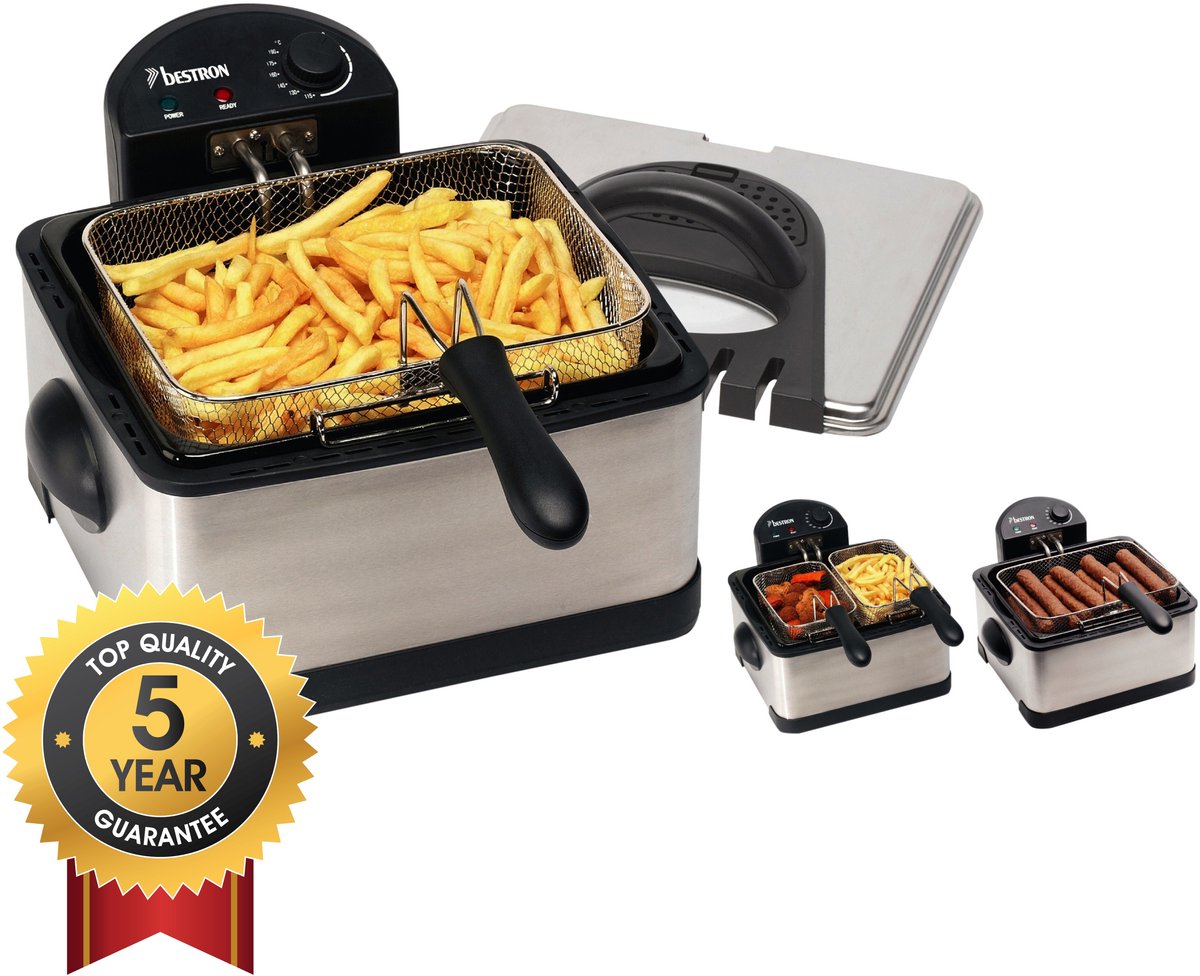 Bol.com Bestron Frituurpan 4.5 liter - DF402B - Friteuse 2000W - 1 grote, 2 kleine manden, kijkvenster - RVS - 5 jaar garantie - WK aanbieding