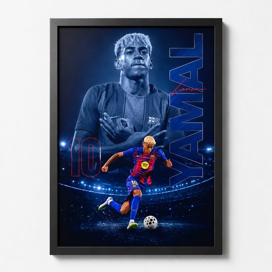 Poster met voetballer Lamine Yamal, met grote tekst 'YAMAL'. Gesigneerd.