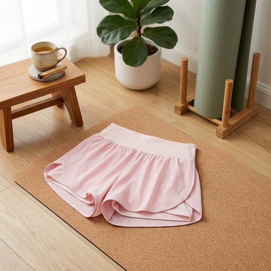 Roze sportshorts met hoge taille, gedetailleerd met een subtiel logo, liggend op een yogamat.