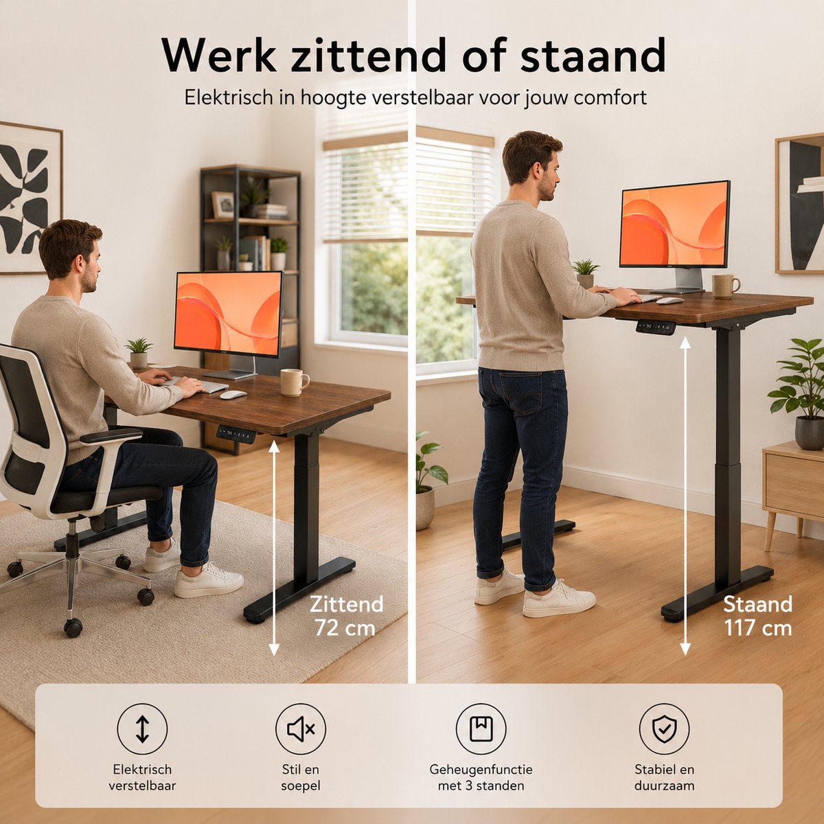 YYchan Zit Sta Bureau Elektrisch 120x60 - Gaming Bureau - Elektrisch verstelbaar - Tafelblad uit één stuk - Geheugenbediening, Stabiel T-Frame, met Koptelefoonhaak - Hoogteverstelbaar 72–118 cm - Walnoot Zwart thumbnail 6