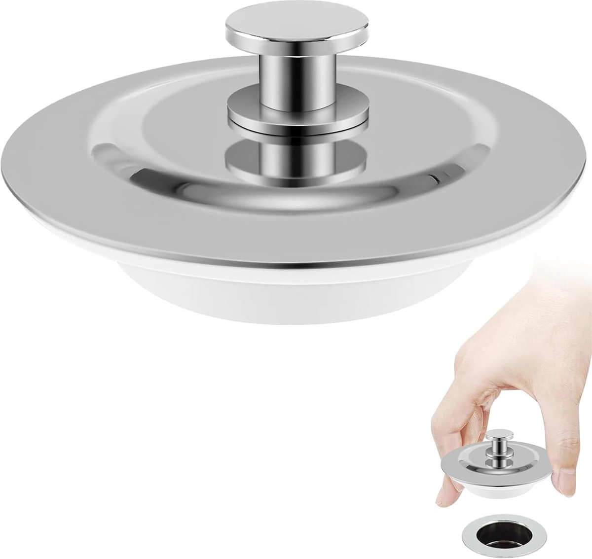 2-delige vervangingsset voor wastafelstop, universele badkamerstop, roestvrijstalen drukstop, geschikt voor keuken- en badkamerwastafels met een diameter van 42-44 mm.