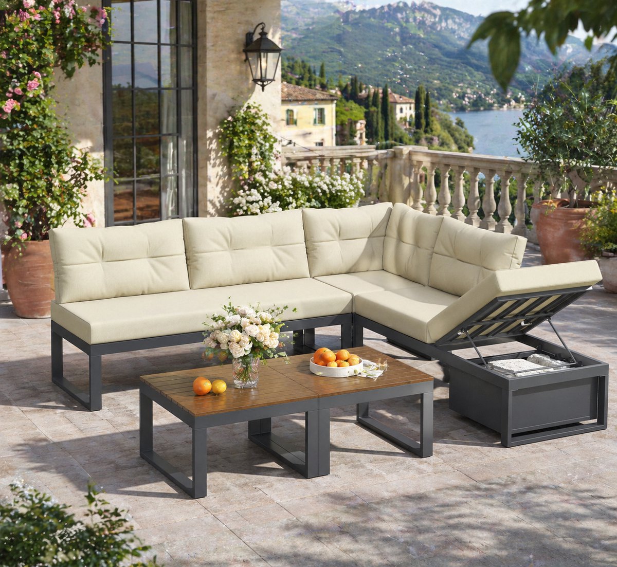 Tuinmeubelset, Tuineetset, Veelzijdige Tuinset met 3-voudig Verstelbare Rugleuning en Ligfunctie, Dikke Comfortabele Kussens, Opbergruimte en Weerbestendige Polyester Hoes – voor Terras, Balkon en Tuin - Beige
