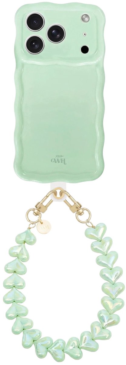 xoxo Wildhearts Glossy Wavy Case Sage Sorbet - Funky Hearts - geschikt voor iPhone 17 Pro Max - hoesje met telefoonkoord - afneembaar harten koord - hartjesketting - kort telefoonkoord - hoesje met golven - Groen
