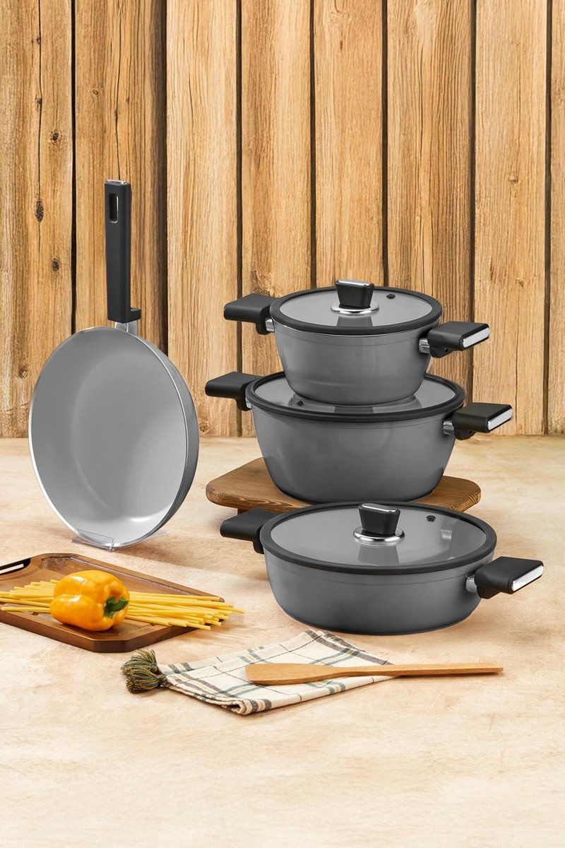 Polochef VSG-107 - Vista 7-delige Pannenset – Keramische Pannenset – Grijs – Inclusief Koekenpan en Glazen Deksels – 4 mm Extra Sterke Bodem