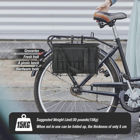 Fietsmand - Opvouwbare voormand - Stevig en duurzaam - (Inclusief zwarte PU-voering) - Voorzien van snelbevestigingssysteem - Speciaal ontworpen voor het vervoeren van boodschappen-zilver — afbeelding 4