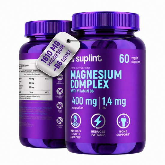 Twee paarse flessen Suplint magnesium, één met een label "1610 MG MAGNESIUM + B6 BOOST". De fles toont "400 mg magnesium | 1,4 mg B6".