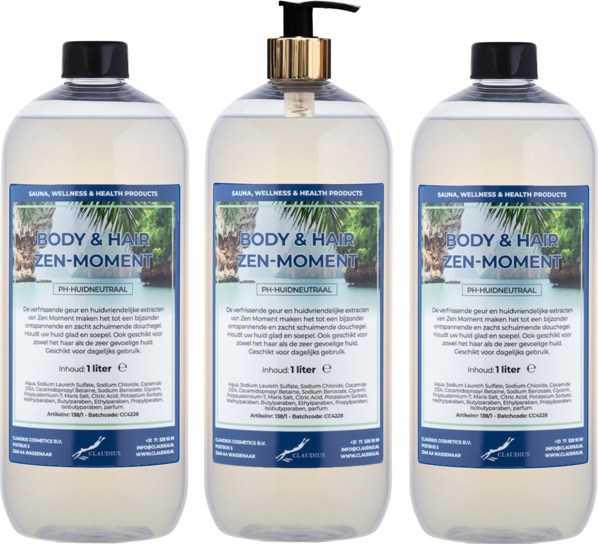 Body & Hair Zen Moment 1 liter met gouden pomp - set van 3 stuks - 2 in 1 voor lichaam en haar - voordeelverpakking