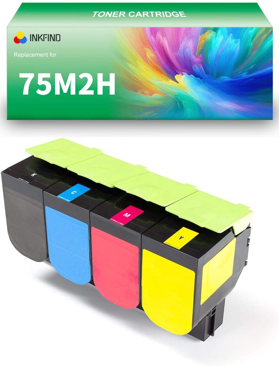 INKFIND 75M2H Zwart/Cyaan/Magenta/Geel tonercartridge compatibel met Lexmark 75M2HK0 75M2HC0 75M2HM0 75M2HY0 geschikt voor Lexmark CS531dw/CX532adwe - 4-pack BK/C/M/Y