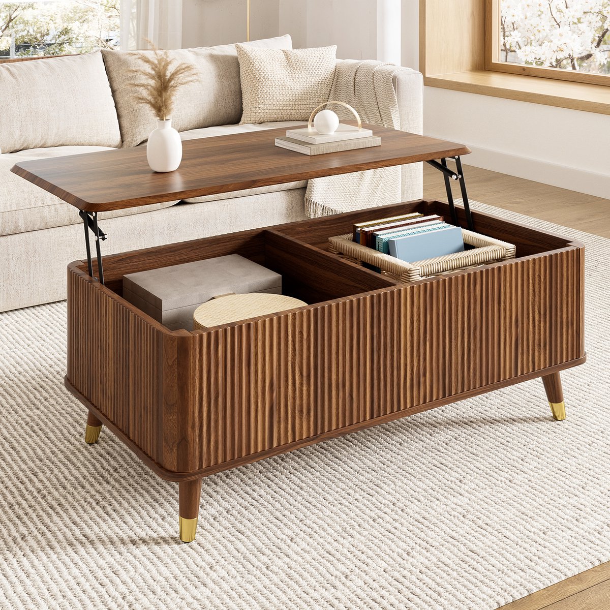 VVBV Salontafel Modern Retro, In Hoogte Verstelbaar Bovenblad, Walnoot Look, Houten Poten, Verborgen Opbergruimte, Multifunctioneel