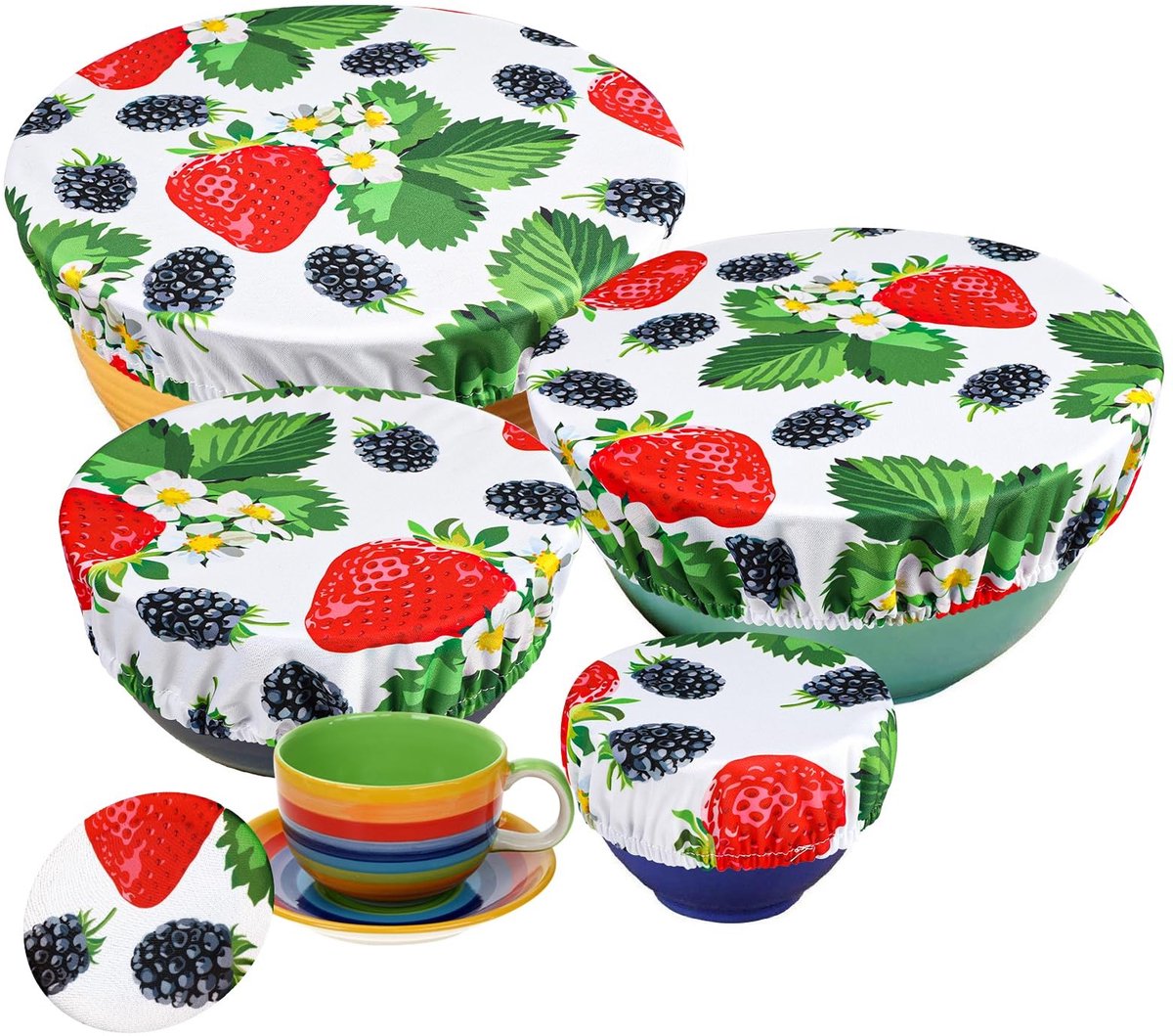 Dailygoods - Dailygoody - Afdekhoezen voor levensmiddelen - Herbruikbaar en waterdicht - Aardbeienpatroon - Rekbare deksels - Milieu-vriendelijk - Geschikt voor
