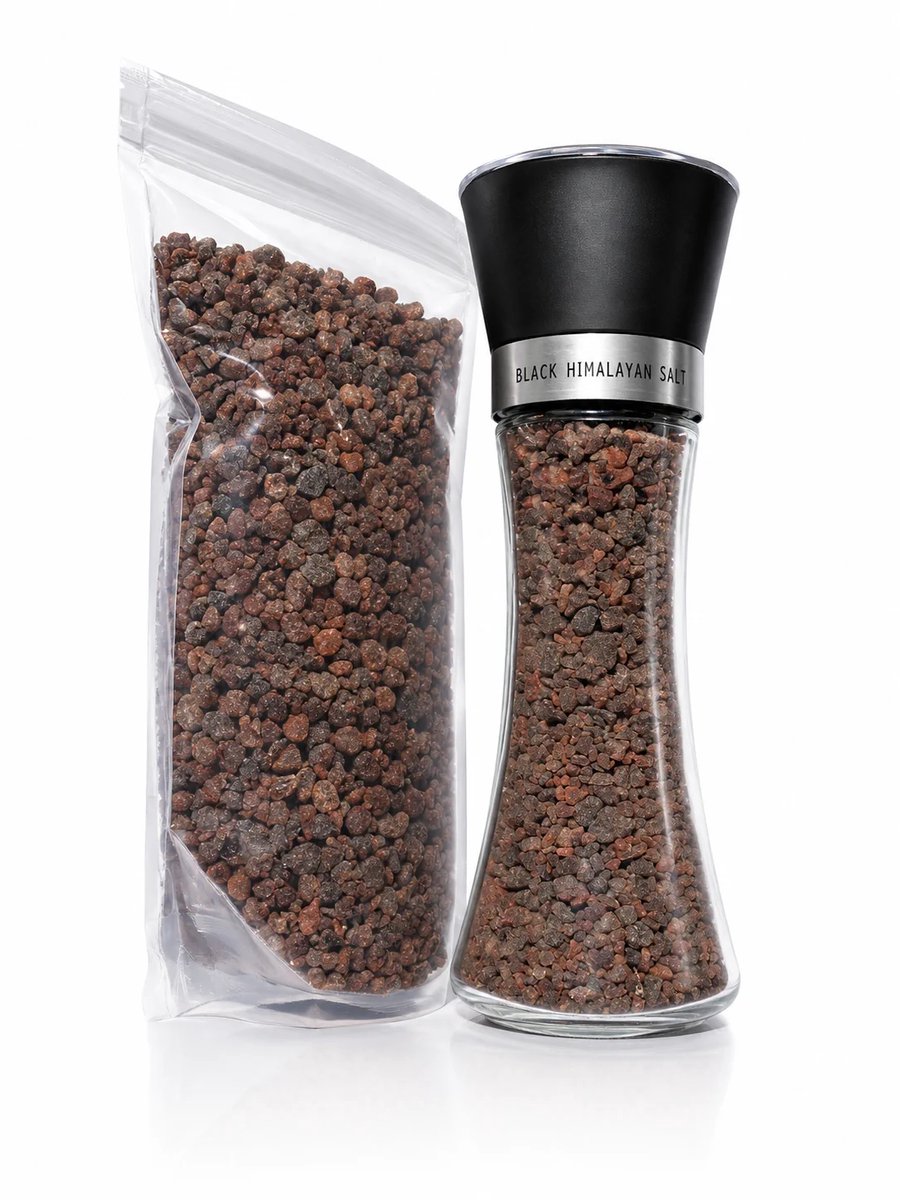 Zwart Himalayazout grof "Kala Namak" Duopack | Hervulbare Zoutmolen 180gr + Navulverpakking 450gr