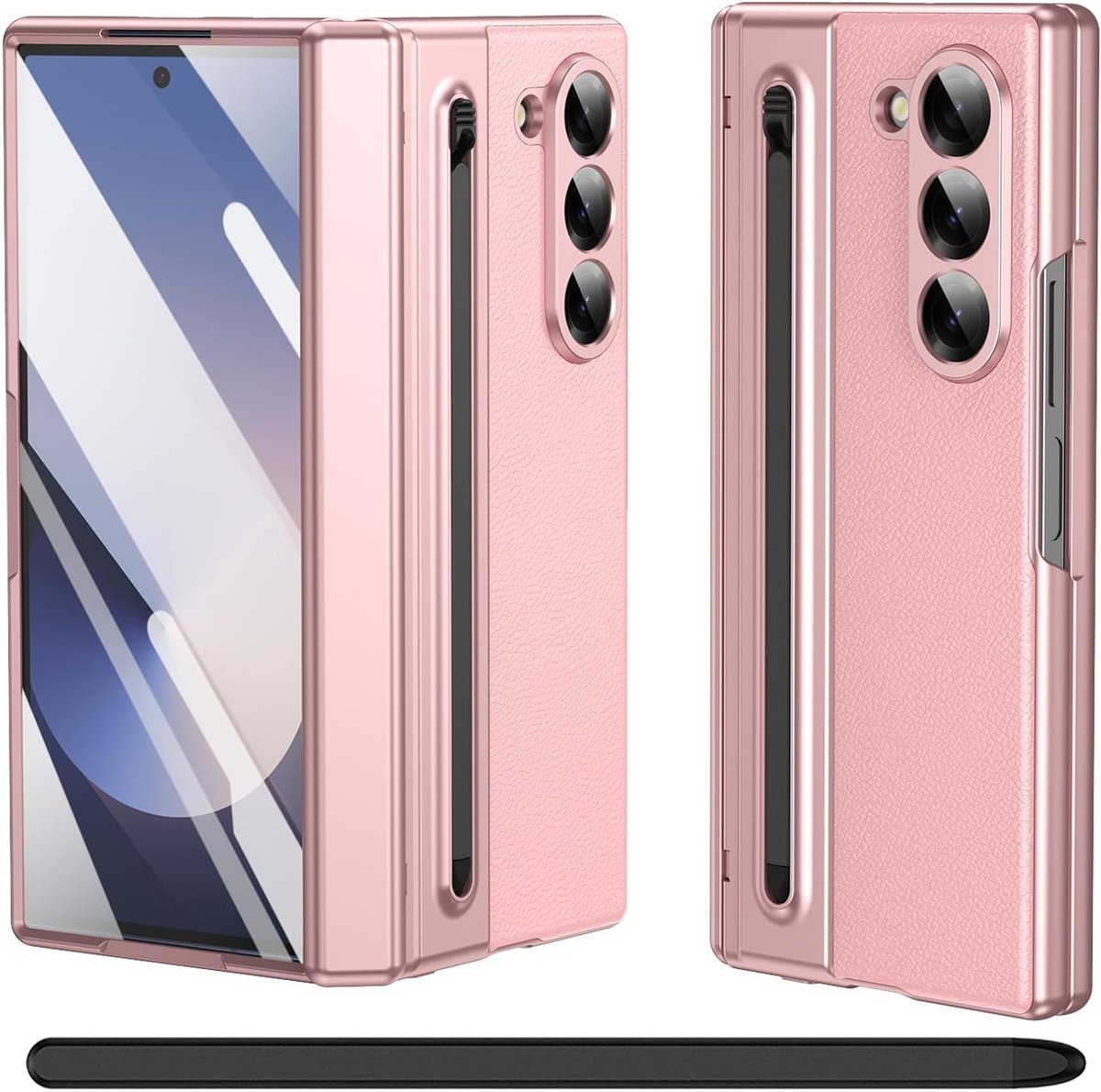 Leren hoes voor Galaxy Z Fold 5 met S Pen houder en gehard glazen screen protector, roze, met scharnierbescherming en stijlvolle uitstraling