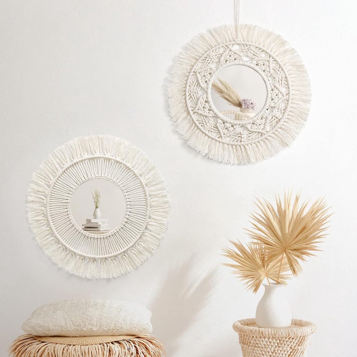 Macramé Wandspiegel met Geweven Franje en Bladeren, Bohemian Ronde Decoratie voor Thuis, Slaapkamer en Woonkamer, Beige, Set van 2
