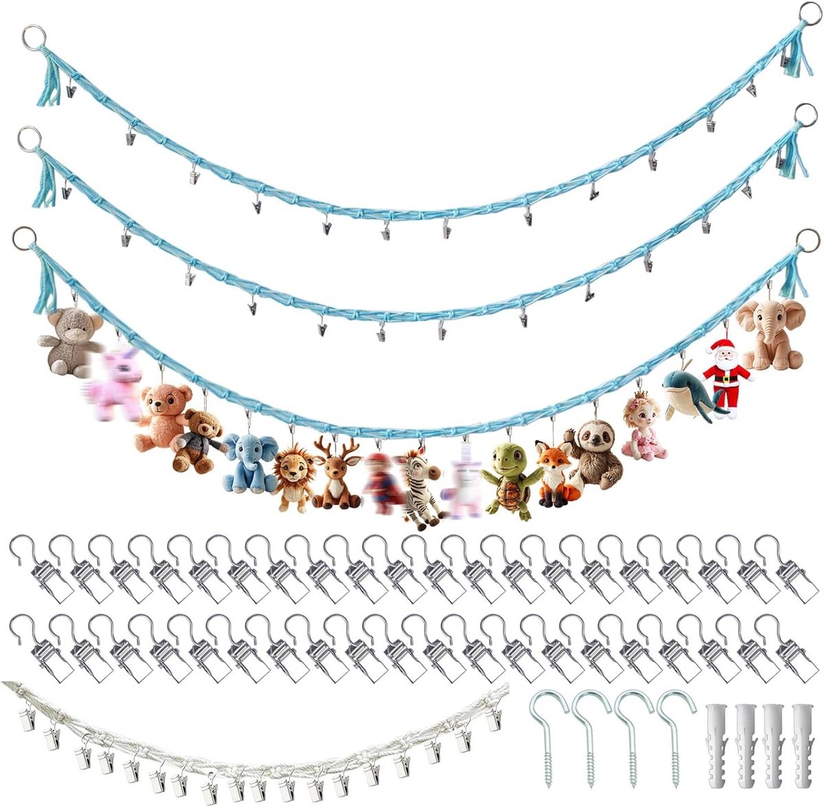 Pluche Dieren Hangmat 2m Speelgoed Organiser met 40 Haakjes en 4 Metalen Ringen voor Wandopslag, Ruimtebesparende Decoratie voor de Kinderkamer in Beige