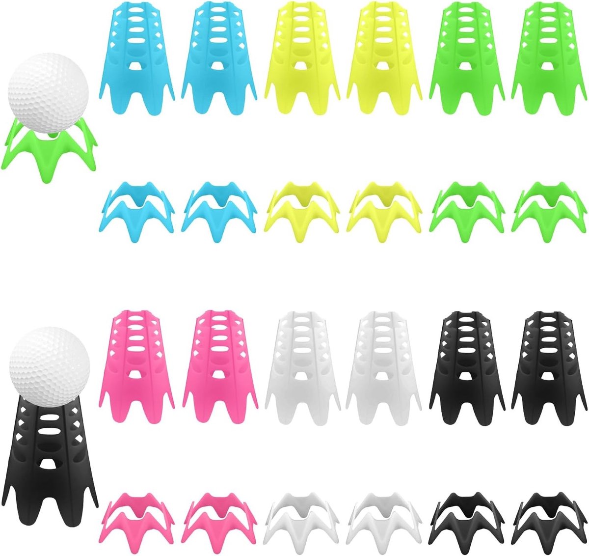 Praktische 24-delige set golf tees, 12 hoge en 12 kleine plastic tees voor binnen, golf simulator en training accessoires voor golfers en golfliefhebbers in 6 kleuren