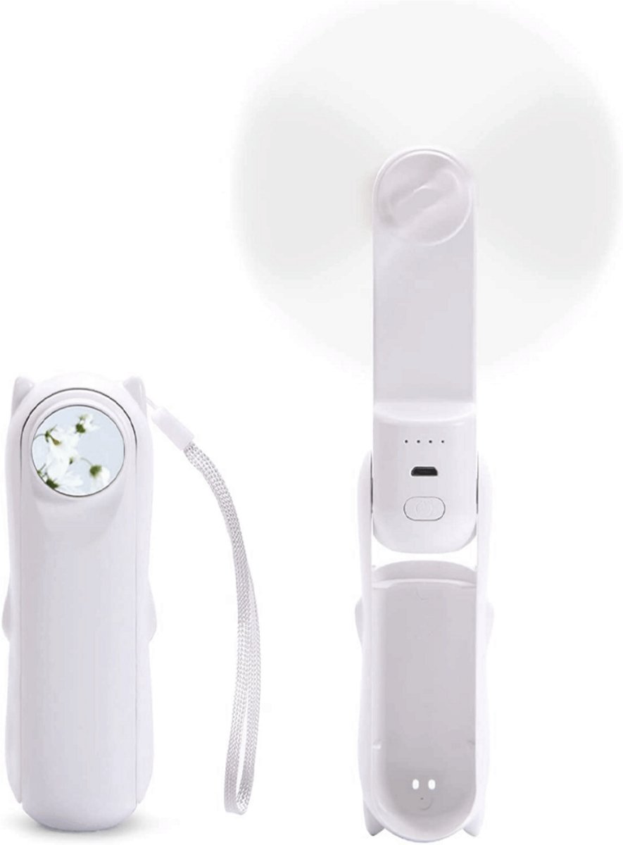TOVBMUP Mini handventilator - Draagbare ventilator - Oplaadbare ventilator - Handventilator - Waaier Handwaaier - Tafelventilator Draadloos - Opvouwbaar - Met spiegel - Hand Fan - met 3 standen - Wit