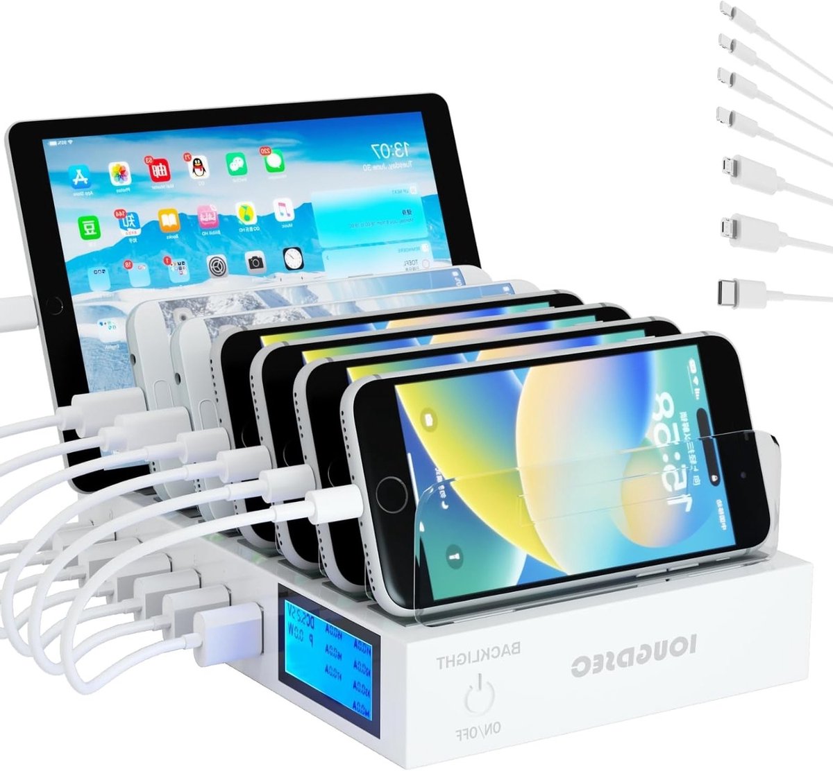 Snelle Oplaadpad met 7 in 1 Multi-Device Oplaadstation, LCD Scherm, Geschikt voor iPhone, iPad, Samsung, Huawei en Meer