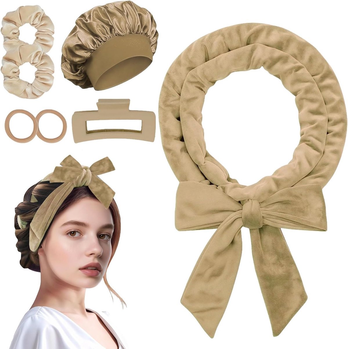 Curls zonder warmte: 7-delige set voor lang haar met krulbanden, clips en slaapmuts in khaki voor perfecte krullen