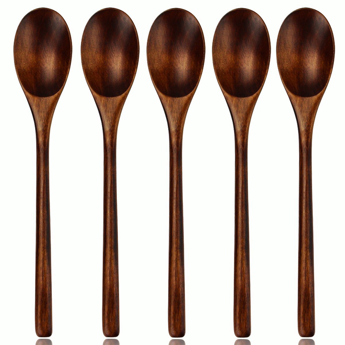 carmdering - Nanmu Houten Lepel Set - Natuurlijk Nanmu Bestek - Japanse Keuken Lepels - Ergonomische Lange Steel - Voedselveilige Laklaag - Nanmu Hout - Unieke Handgemaakte Houtnerf - Veilig Voor Anti-aanbak Pannen - 5 Stuks