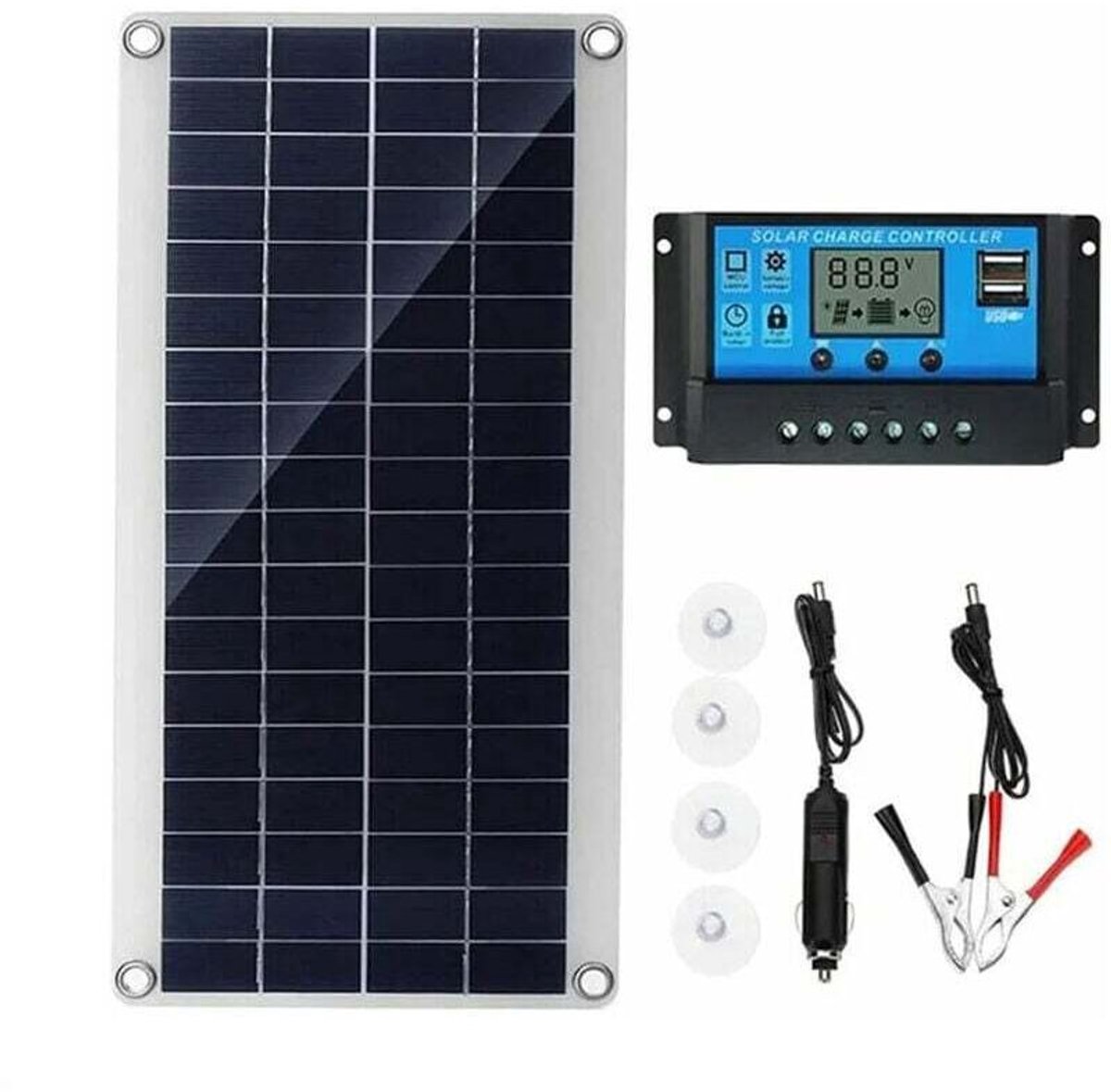 300W 12V zonnepanelenset met 20A laadregelaar, geschikt voor campers, boten, tuinen en buitenverlichting.