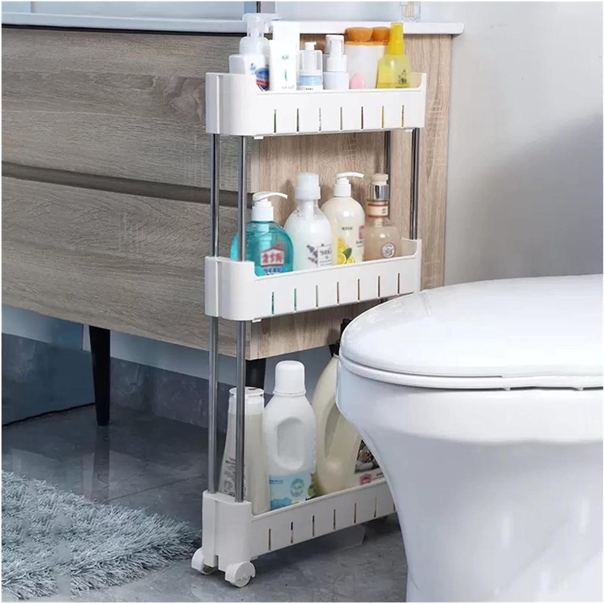 Opbergtrolley met Wielen - Rolley Kar Smalle Trolley - Ruimte Besparen - Mesh Bodem Ontwerp - 3 etages - Wit
