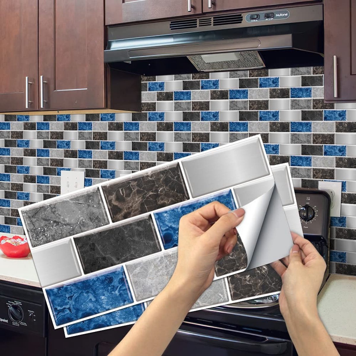 Dailygoody - Tegelstickers - Zelfklevende Vinyltegels - Eenvoudig aan te brengen - Grijs-blauwe marmeren look - Ideaal voor Keuken en Badkamer - 24 St