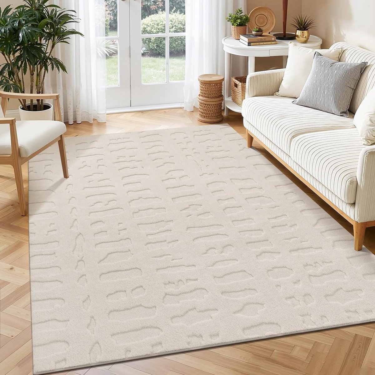 Wasbare Vloerkleed voor Woonkamer 200 x 300 cm Zacht Modern Antislip Beige 3D Kiezels Geometrisch Design voor Slaapkamer en Eetkamer