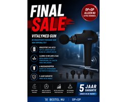 VitalyMed Gun massage pistool - massage gun - 5 jaar garantie - 5 uur accuduur - 6 massagekoppen inclusief - professioneel massage gun voor rug, nek, schouders, benen en armen geschikt voor bindweefselmassage en ontspanningsmassage