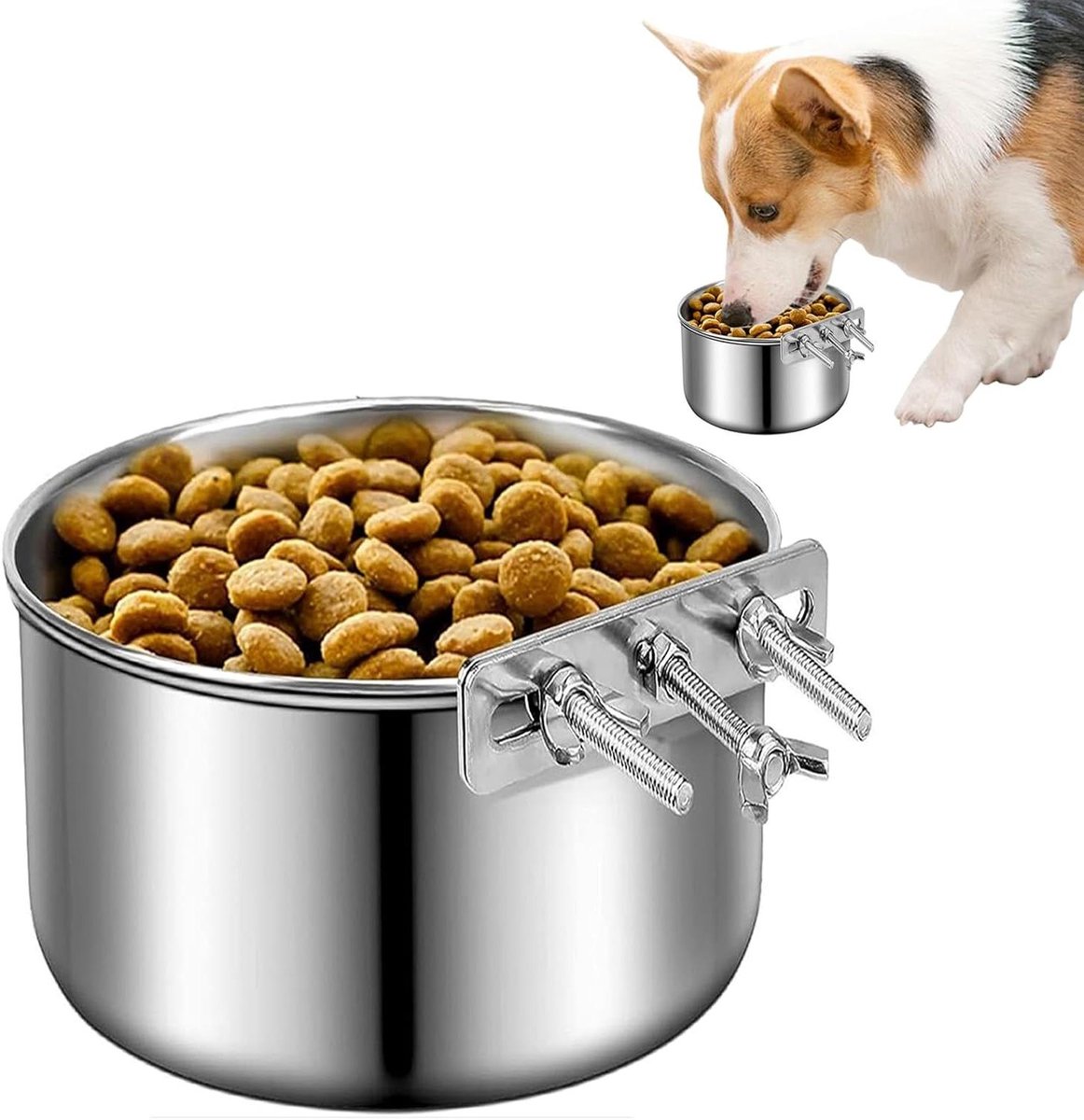 Honden Voerbak - Hond Waterbak - Voederen in Kennel - Ophangbaar Ontwerp - 18 x 11 cm - Zilver