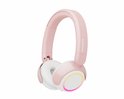 Roze Philips koptelefoon met witte oorschelpen en een ring met kleurverloop van geel tot roze.