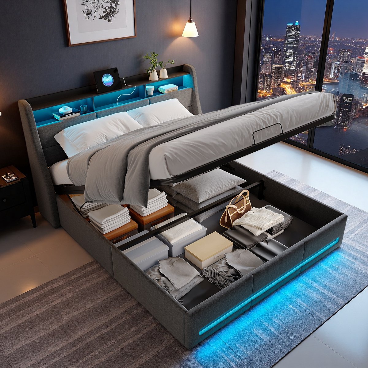ROSAHQNDA Tweepersoonsbed 140x200 cm - Linnen gestoffeerd bed - Met LED-verlichting - USB-poorten - Hydraulische hendel - Hoofdbord met opbergruimte - Eenvoudige montage - Grijs