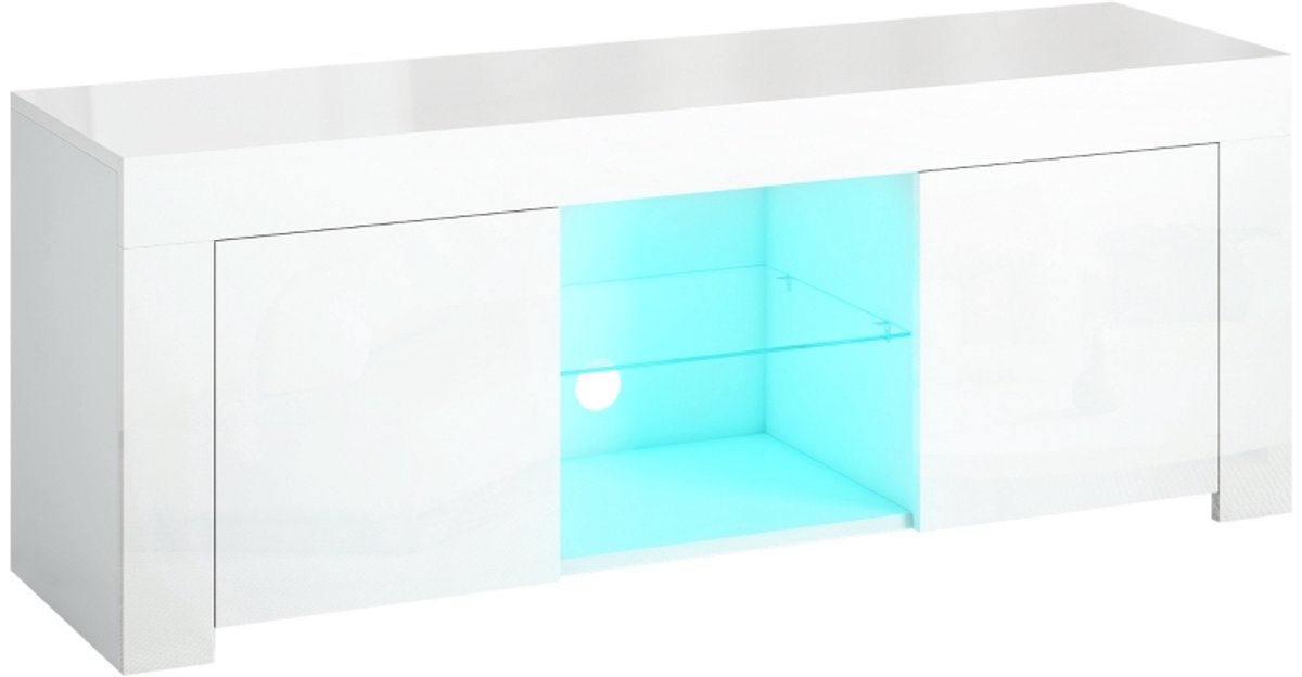 120 x 34 x 45 cm – TV-Kast Met LED-Verlichting, 2 Kastdeuren, Glazen Plank, Kabellozingen,