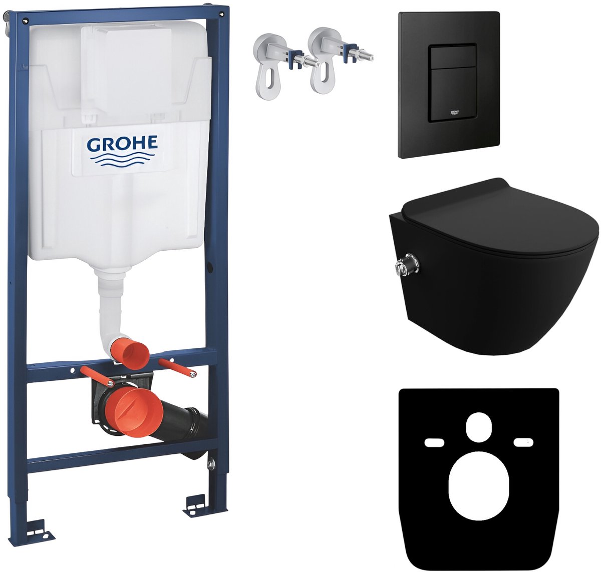 Inbouwreservoir Complete Toiletset Grohe Solido 39069000 - Inbouw WC Hangtoilet Wandcloset Salto Black - Bedieningsplaat EVEN 3in1 Zwart - Voorwandelement - Installatiesysteem