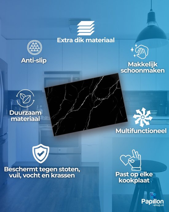 Zwarte kookplaatbeschermer met marmerlook en icoontjes: anti-slip, duurzaam, makkelijk schoonmaken.