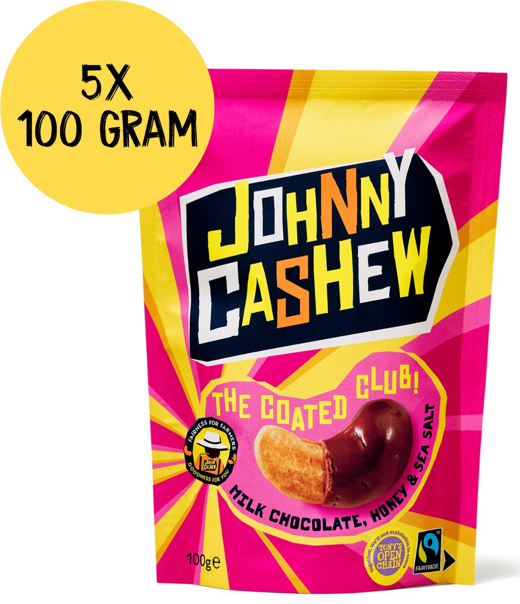 Johnny Cashew – Chocolade Honing Zeezout – Cashewnoten – Tony's Open Chain – 5 x 100 gram