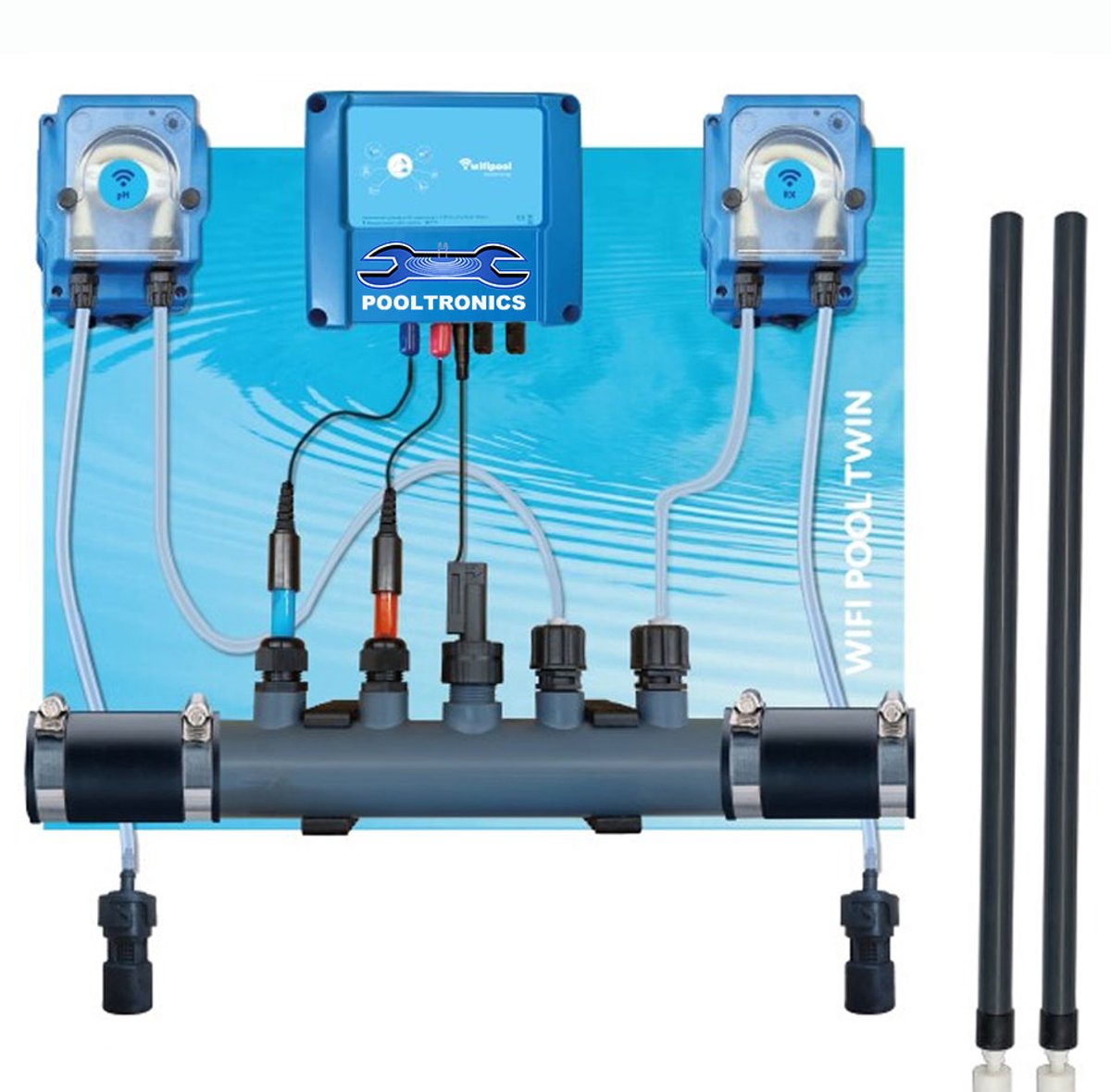 POOLTRONICS Automatisch pH & Chloor Doseersysteem Zwembad met Wifi – Zwembad Waterbehandeling – pH Redox Controller – Automatische Dosering – Voorgemonteerd Met Flow Switch / Level Switch