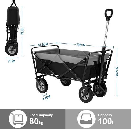 M-Goods - Bolderkar Opvouwbaar - Bolderwagen met Luchtbanden - 100L - 80KG Draagkracht - Verstelbare Handgreep — afbeelding 3