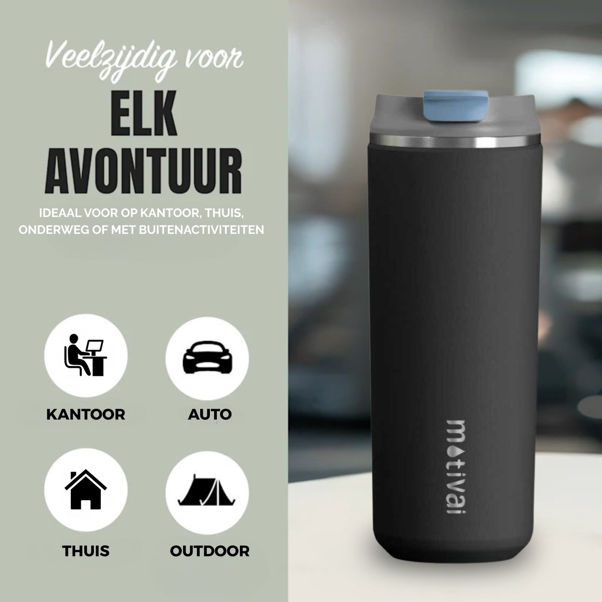 Motivai Daily Cup – Thermosbeker To Go – 470ML RVS Thermosmok – Lekvrij – Dubbelwandig Geïsoleerd – BPA-vrij & Duurzaam – Koffiebeker voor Onderweg – Zwart — cadeau in Koken & Dineren - foto 3