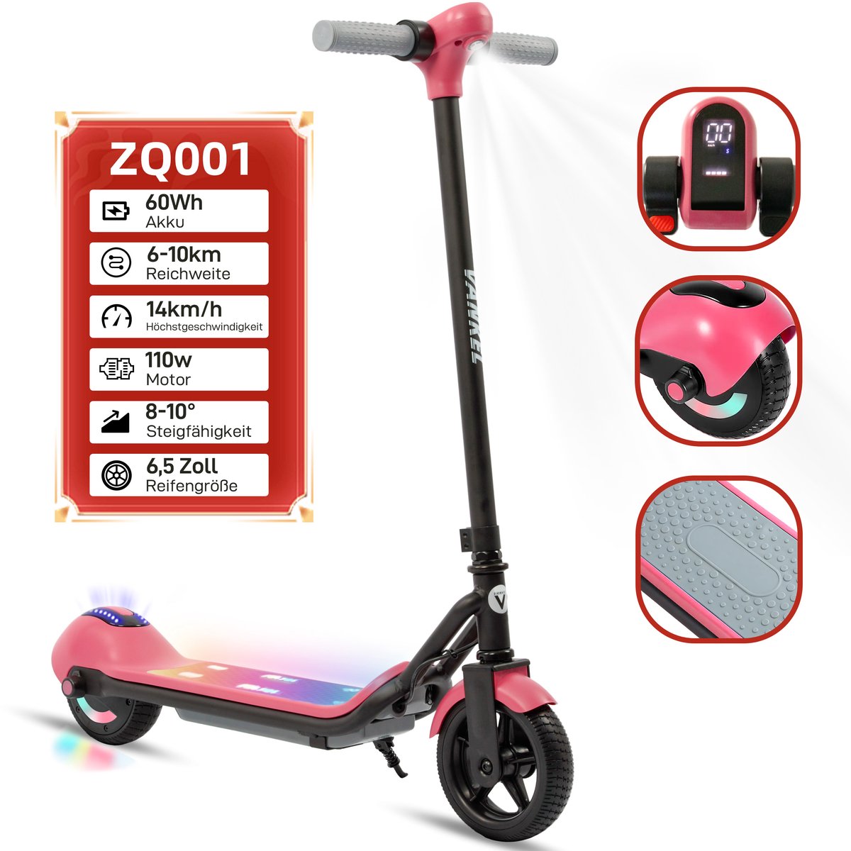 Vankel Elektrische step voor kinderen- Bereik tot 10km - 110W Motor - Maximumsnelheid 14 km/u - 6.5 Zoll Banden - Maximale Belasting 60kg - Opvouwbare Kinderstep voor 6-12 jaar - roze