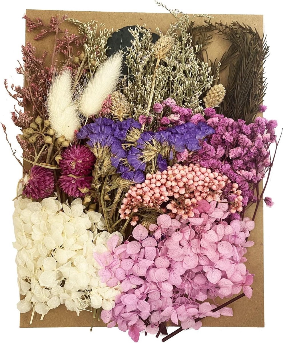 Epoxyhars Set met Gedroogde Bloemen in Paars, Roze en Wit voor Creatieve Projecten en Scrapbooking
