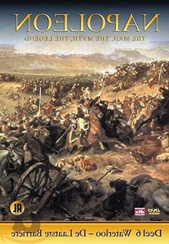Filmcover met een schilderij van een veldslag, met veel soldaten, paarden en kanonnen. De titel "Napoleon" staat bovenaan.