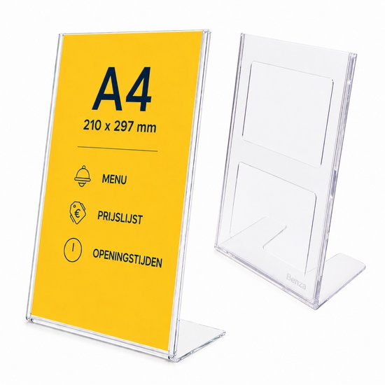 Transparante A4 displaystandaard met een gele kaart met 'MENU', 'PRIJSLIJST', 'OPENINGSTIJDEN' en een lege standaard ernaast.