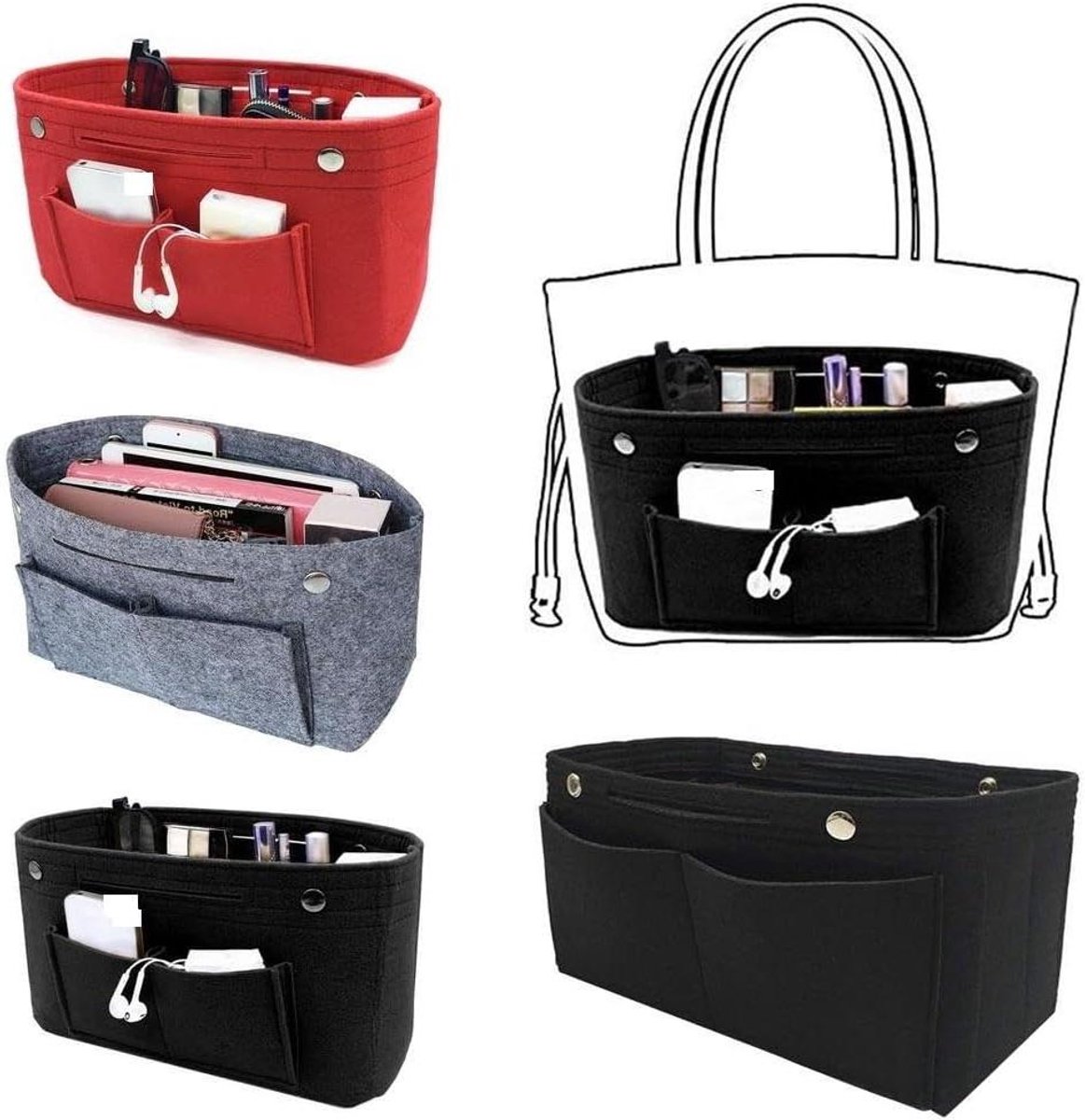 Organizer Tas - Handbag Insert - Reizen Opbergen - Lichtgewicht Vilt - 3 Maten - Zwart